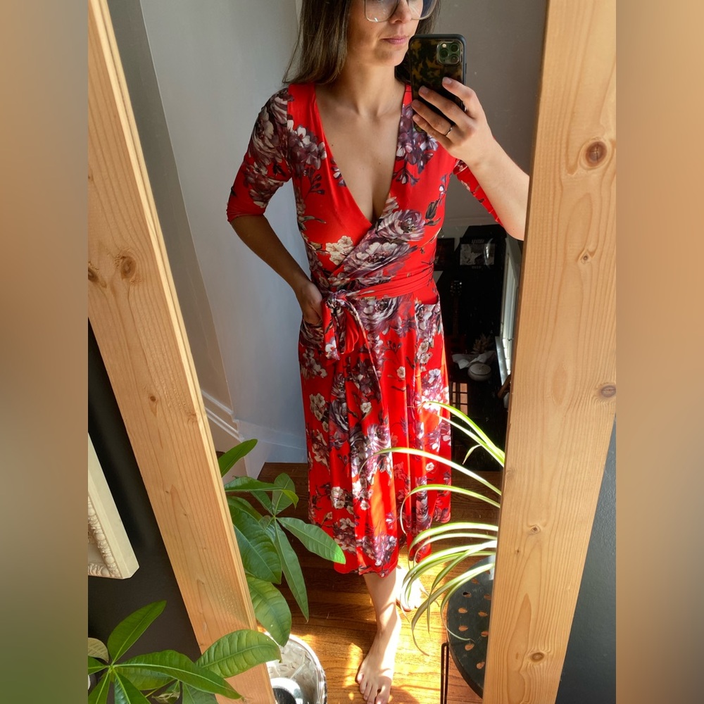 Red Printed Midi Wrap Dress